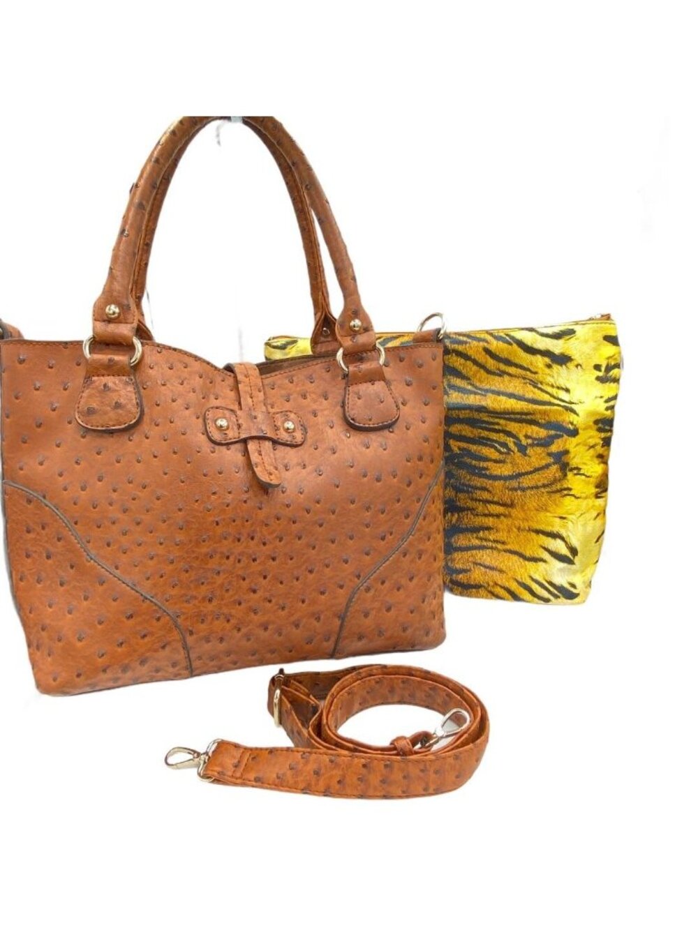 Brown Faux Ostrich 3 in 1 Tote Bag Tiger Print Insert Crossbody Purse Set